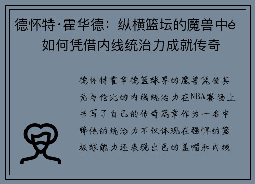 德怀特·霍华德：纵横篮坛的魔兽中锋如何凭借内线统治力成就传奇